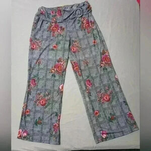 Robert Louis Palazzo Pants - Size L- Gray Floral Boho Hippie Stretchy